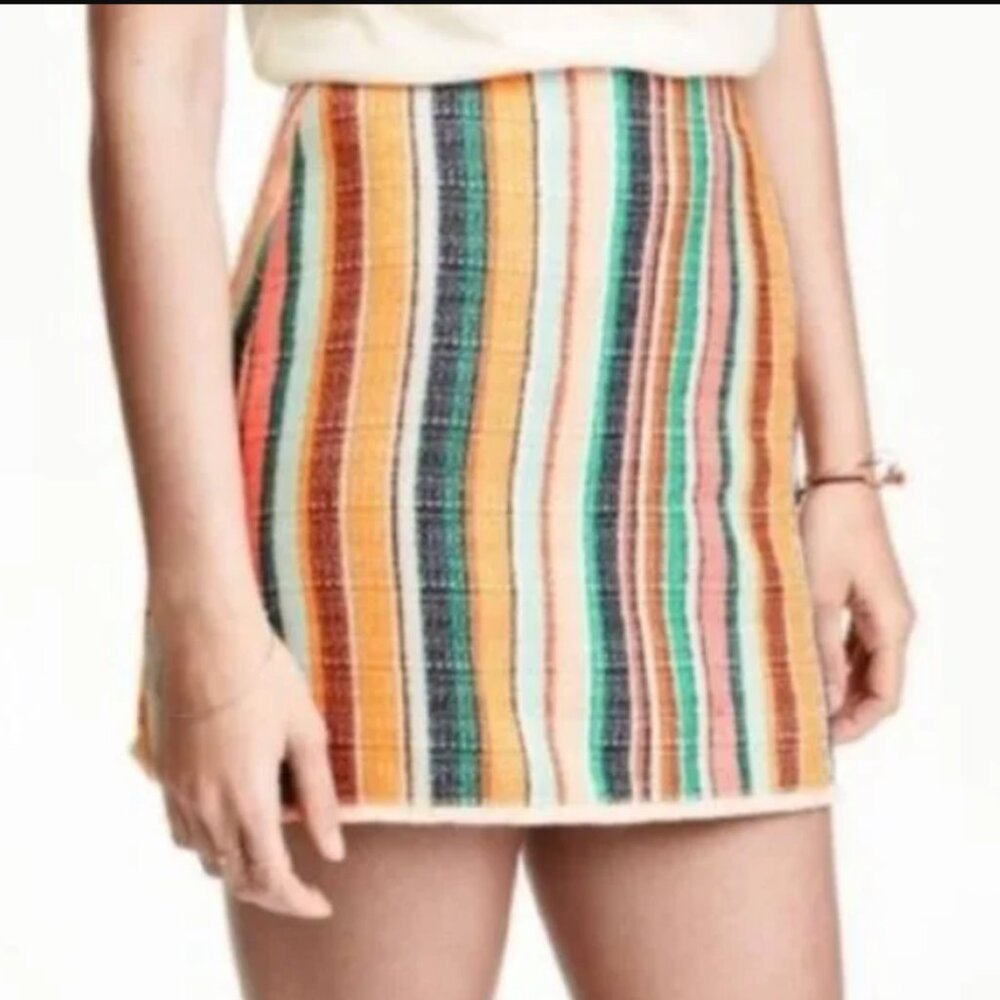 H&M Tweed Mini Skirt Woven Stripes Rainbow Dopamine Fringe Boho Hippie NEW XS